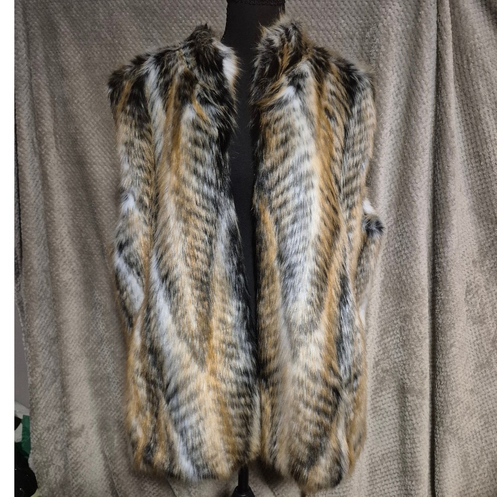 Donna Salyers Fabulous-Furs Lemur Faux Fur Vest Brown Tan Black 2X